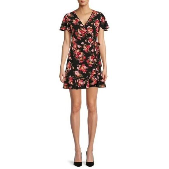 NWOT Nine.Eight Floral Print Flutter Sleeve Mini Wrap Dress Black Womens Size XS - Picture 1 of 10
